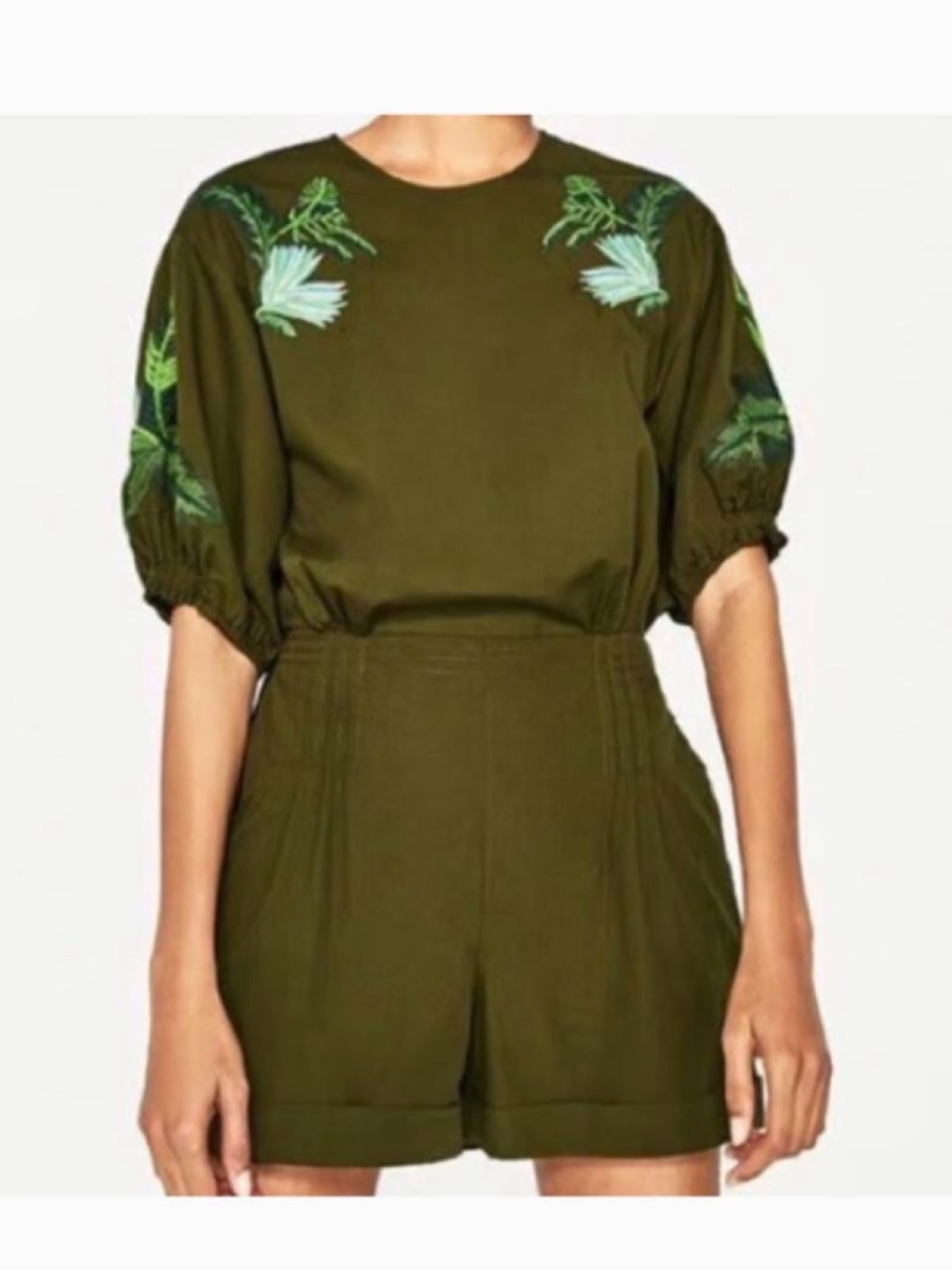 Zara Olive Green Embroidered Short Jumpsuit
